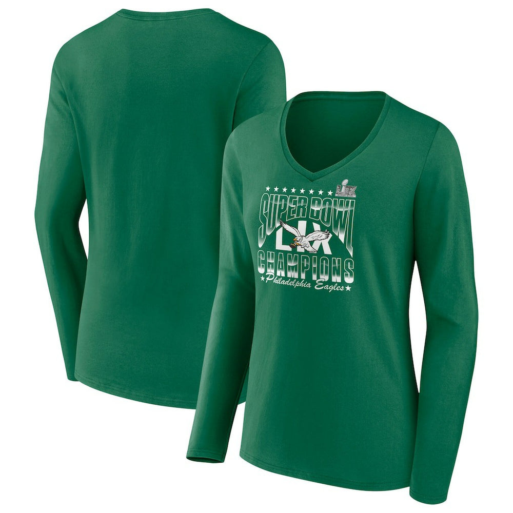 Philadelphia Eagles Women's Super Bowl LIX Champions Retro Logo Long Sleeve V-Neck T-Shirt Kelly Green - Fanatics