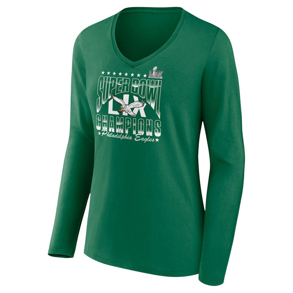 Philadelphia Eagles Women's Super Bowl LIX Champions Retro Logo Long Sleeve V-Neck T-Shirt Kelly Green - Fanatics