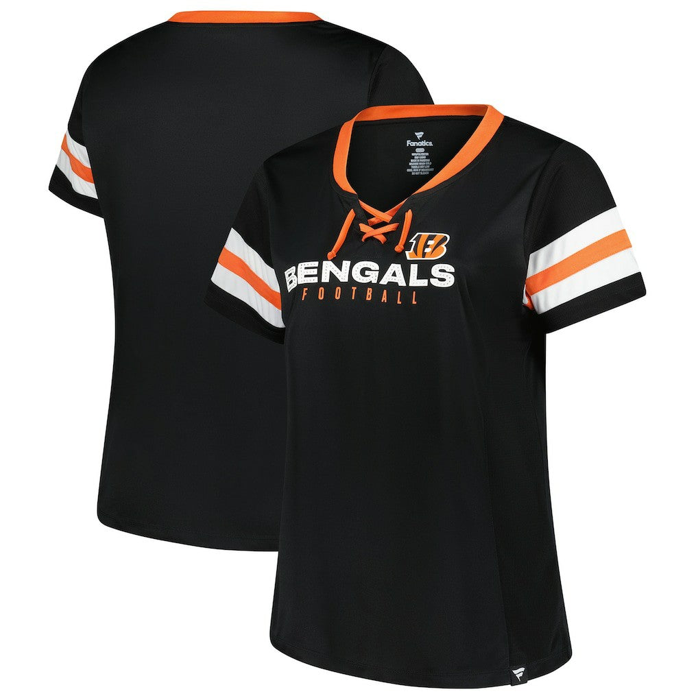 Cincinnati Bengals Women's Plus Size Red Zone Athena Lace-Up V-Notch Neck T-Shirt Black - Fanatics
