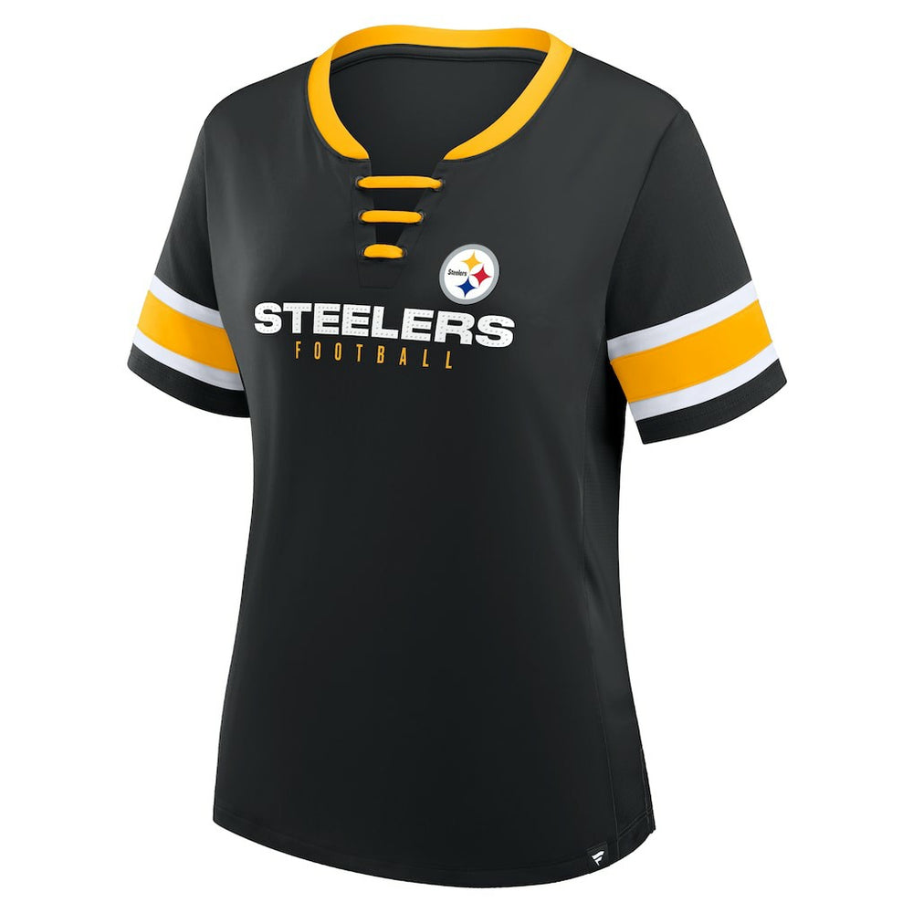 Pittsburgh Steelers Women's Plus Size Red Zone Athena Lace-Up V-Notch Neck T-Shirt Black - Fanatics
