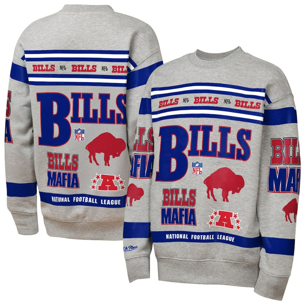Buffalo Bills Youth Throwback All-Over Print Fleece Sweatshirt Gray - Mitchell & Ness