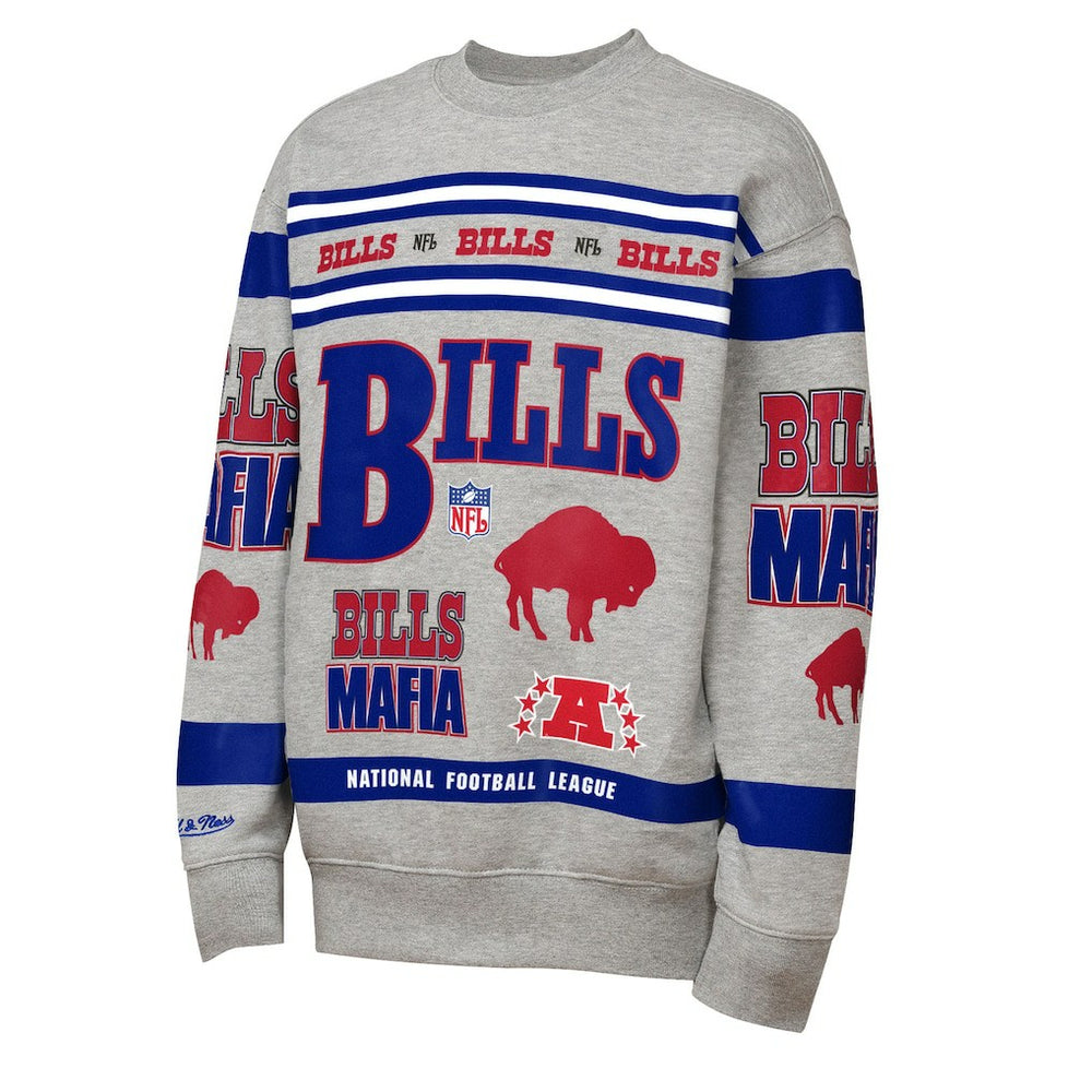 Buffalo Bills Youth Throwback All-Over Print Fleece Sweatshirt Gray - Mitchell & Ness