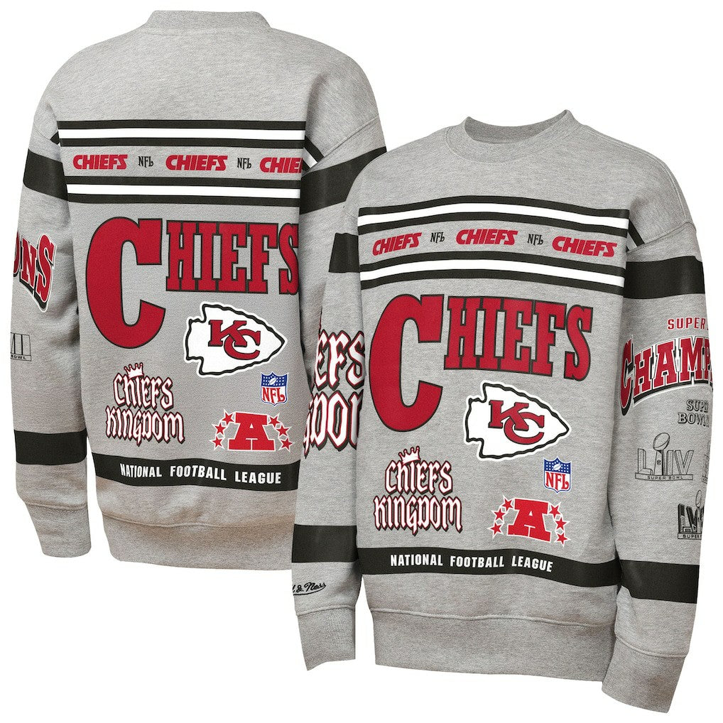 Kansas City Chiefs Youth Throwback All-Over Print Fleece Sweatshirt Gray - Mitchell & Ness