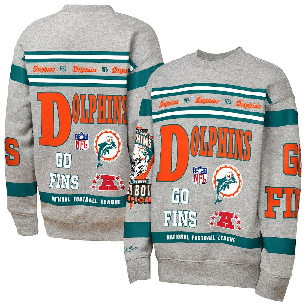 Miami Dolphins Youth Throwback All-Over Print Fleece Sweatshirt Gray - Mitchell & Ness