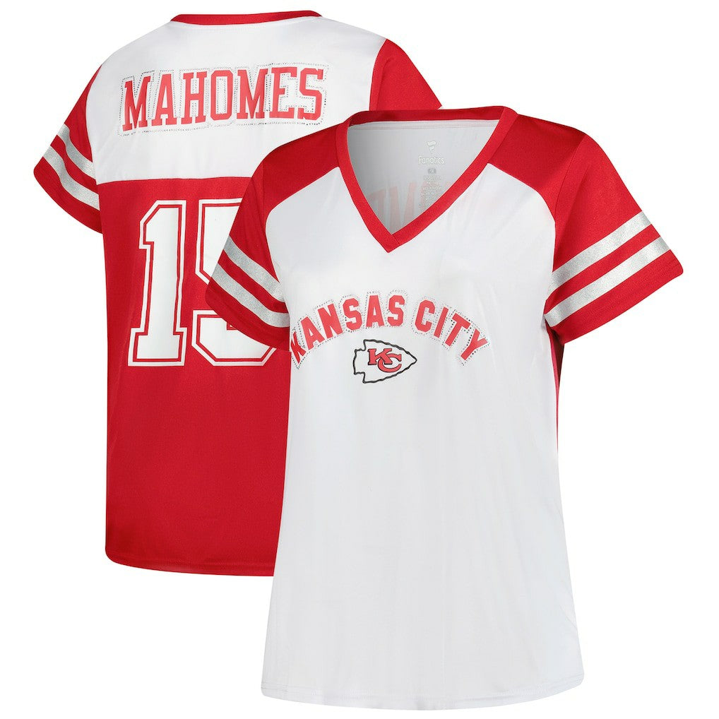 Patrick Mahomes Kansas City Chiefs Women's Plus Size Bling V-Neck T-Shirt White - Fanatics