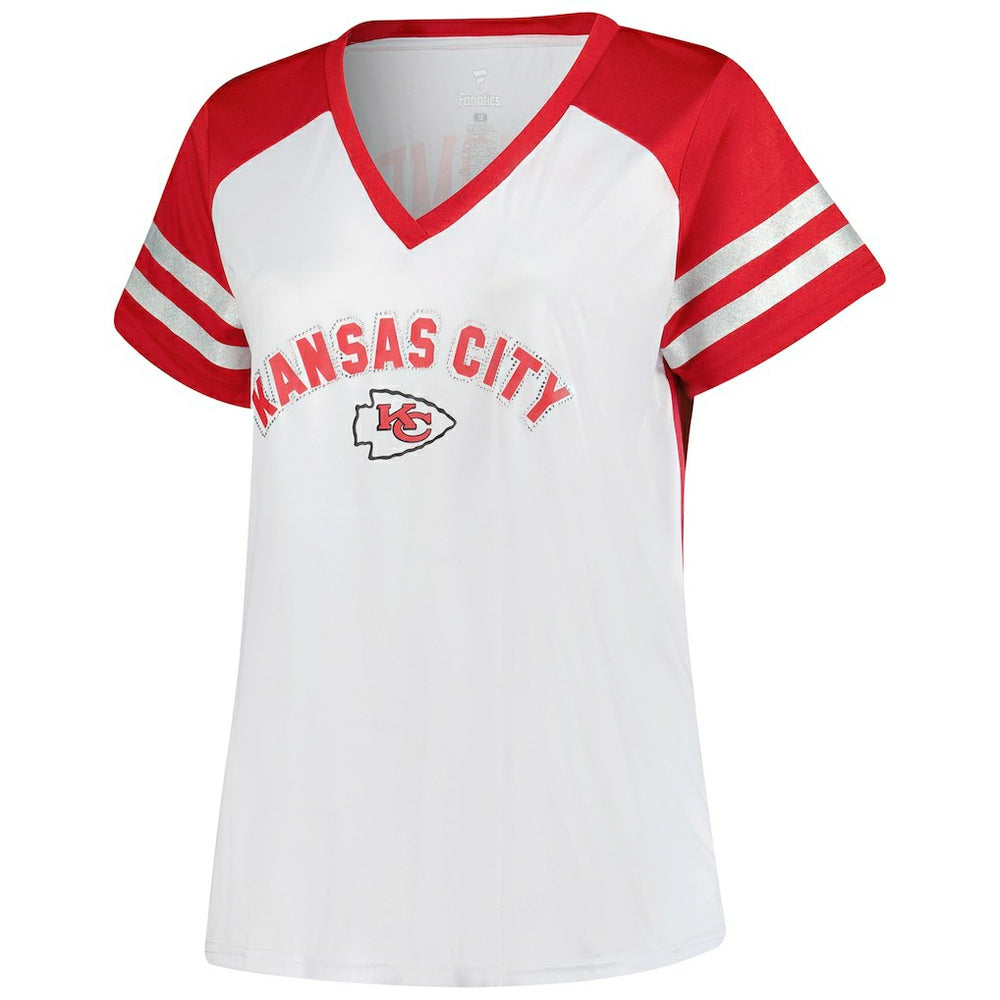 Patrick Mahomes Kansas City Chiefs Women's Plus Size Bling V-Neck T-Shirt White - Fanatics