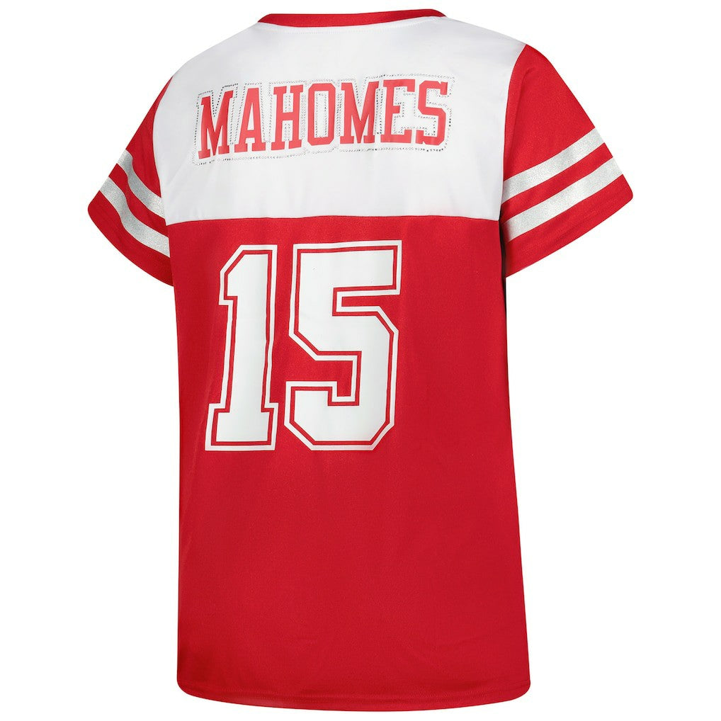 Patrick Mahomes Kansas City Chiefs Women's Plus Size Bling V-Neck T-Shirt White - Fanatics
