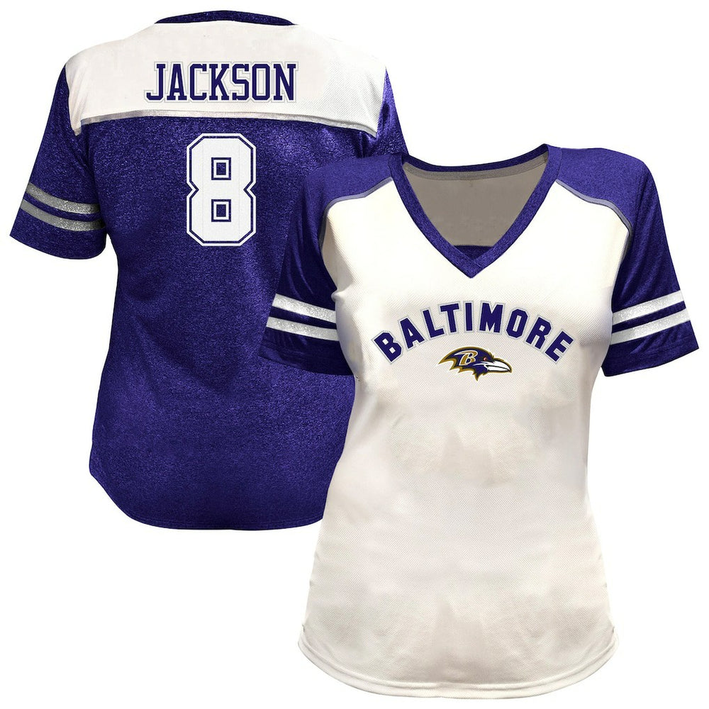 Lamar Jackson Baltimore Ravens Women's Plus Size Bling V-Neck T-Shirt White - Fanatics