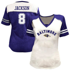 Lamar Jackson Baltimore Ravens Women's Plus Size Bling V-Neck T-Shirt White - Fanatics