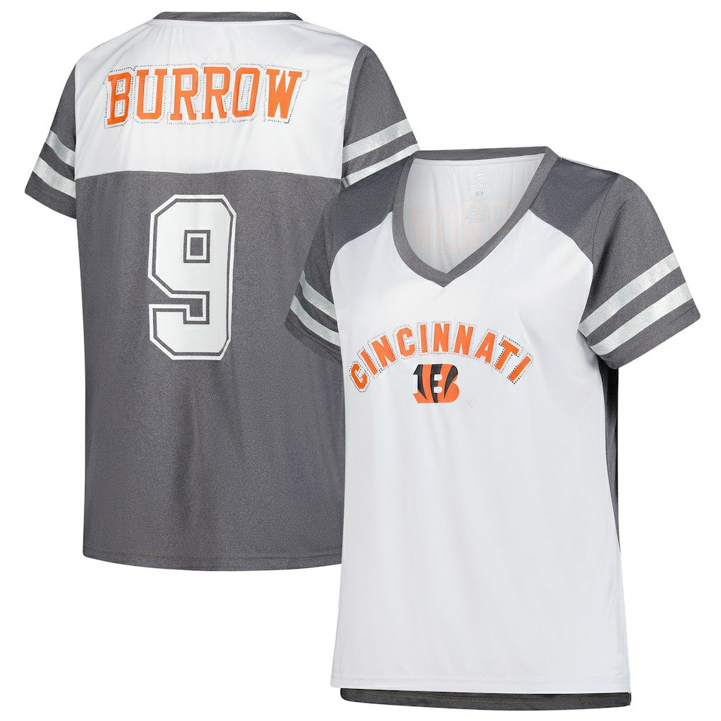 Joe Burrow Cincinnati Bengals Women's Plus Size Bling V-Neck T-Shirt White - Fanatics