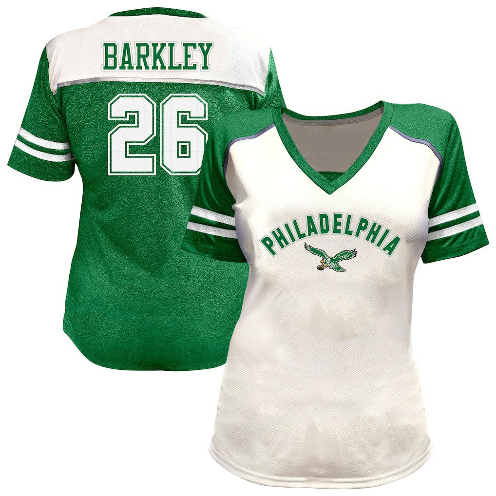 Saquon Barkley Philadelphia Eagles Women's Plus Size Bling V-Neck T-Shirt White - Fanatics