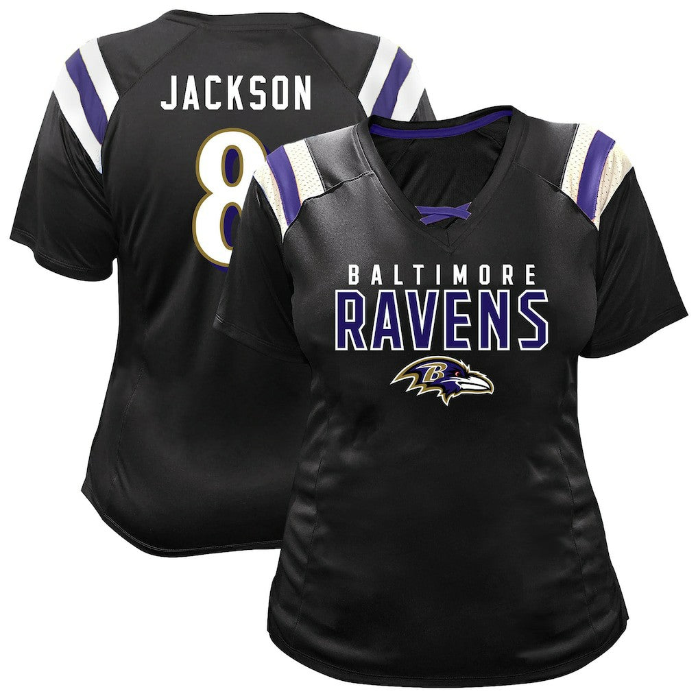 Lamar Jackson Baltimore Ravens Women's Plus Size Name & Number Raglan Lace V-Neck T-Shirt Black - Fanatics