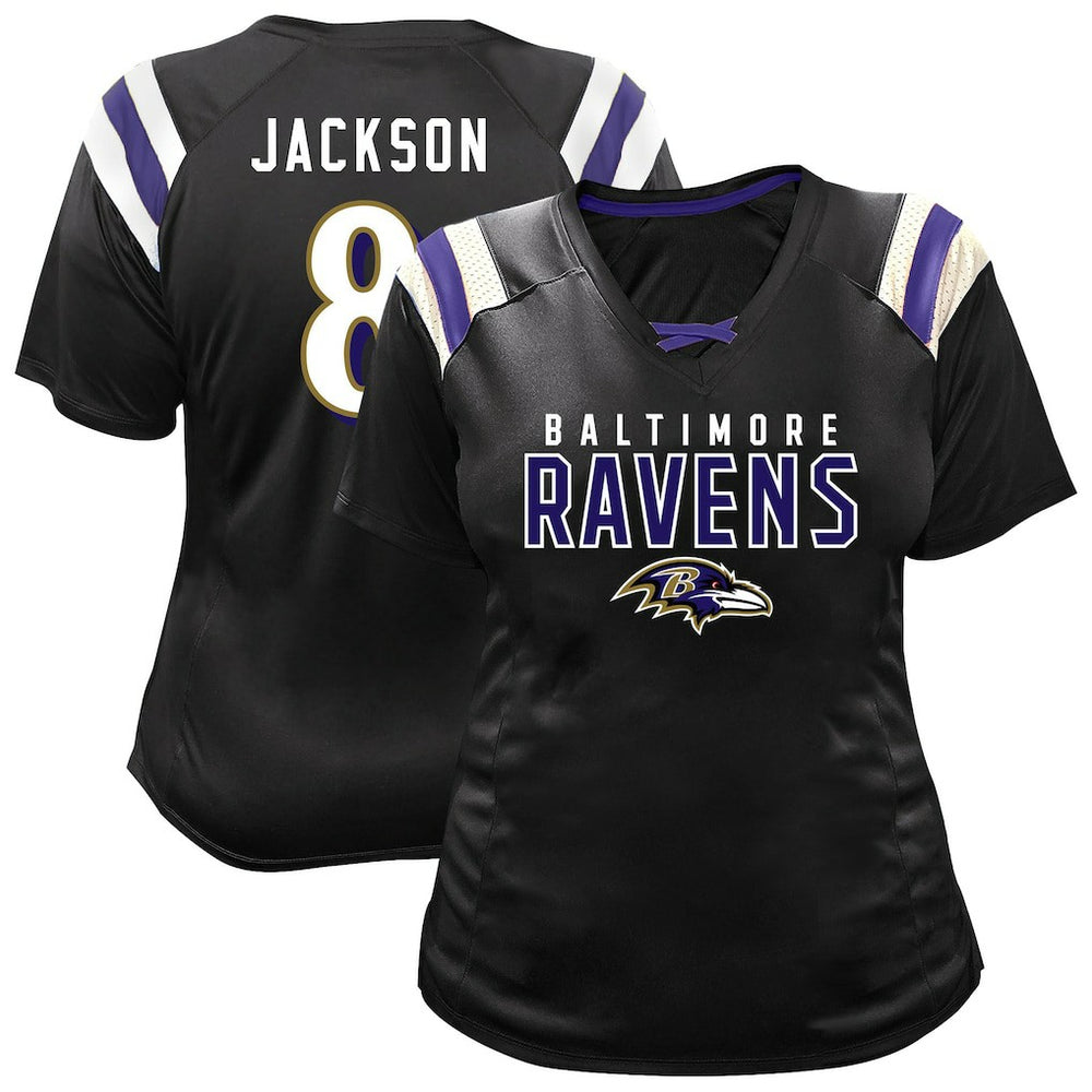 Lamar Jackson Baltimore Ravens Women's Plus Size Name & Number Raglan Lace V-Neck T-Shirt Black - Fanatics