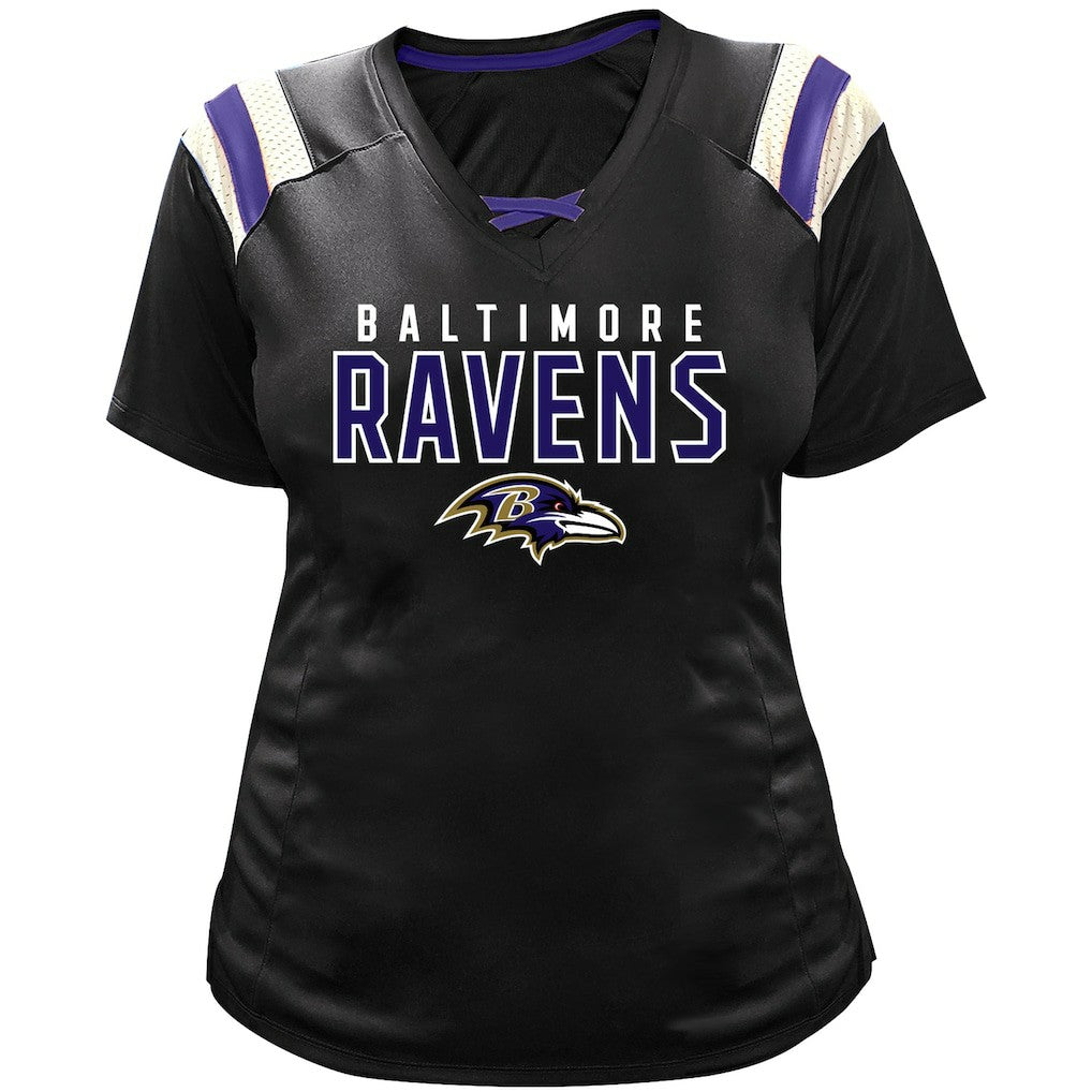 Lamar Jackson Baltimore Ravens Women's Plus Size Name & Number Raglan Lace V-Neck T-Shirt Black - Fanatics