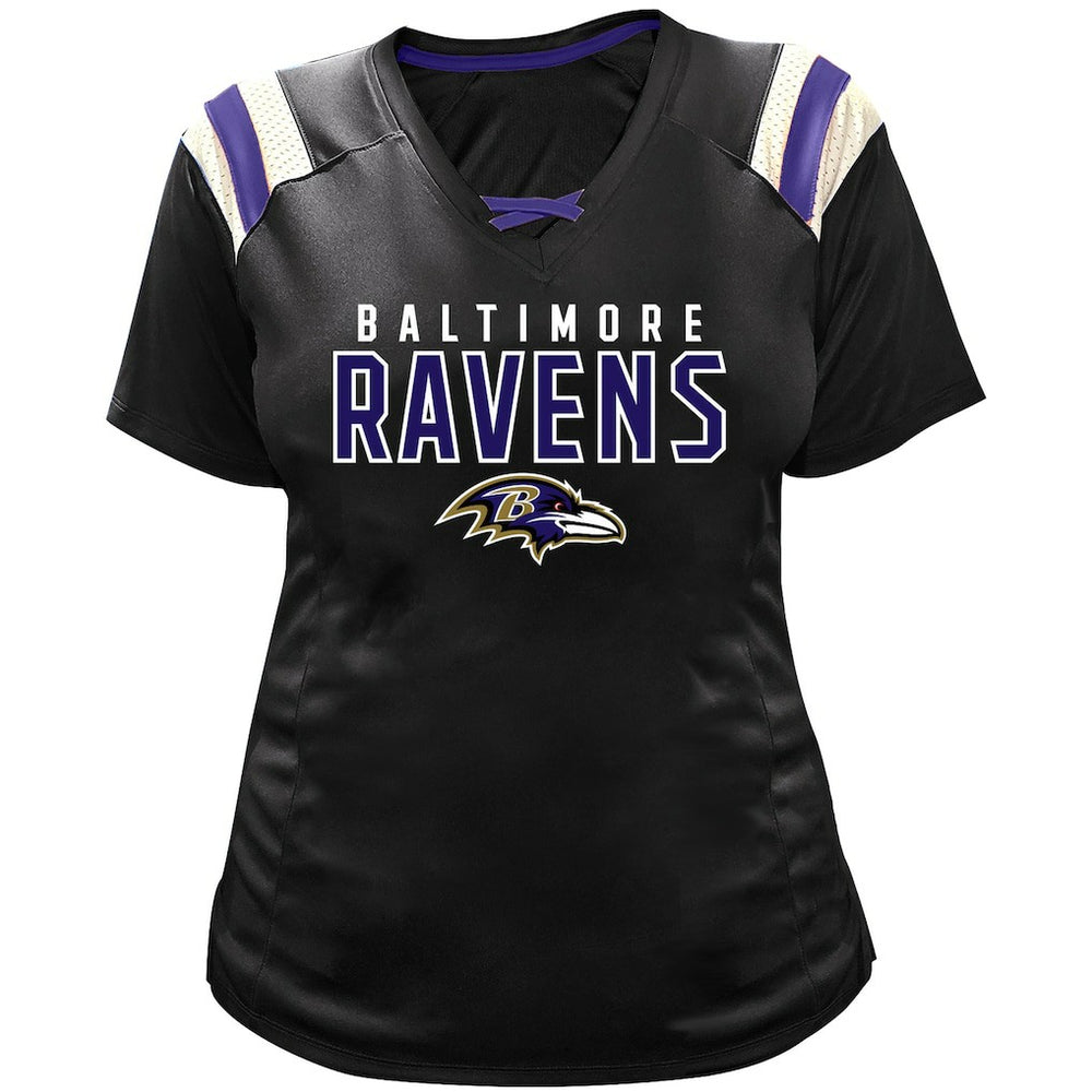 Lamar Jackson Baltimore Ravens Women's Plus Size Name & Number Raglan Lace V-Neck T-Shirt Black - Fanatics
