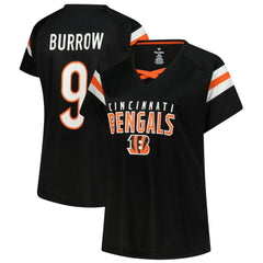 Joe Burrow Cincinnati Bengals Women's Plus Size Name & Number Raglan Lace V-Neck T-Shirt Black - Fanatics