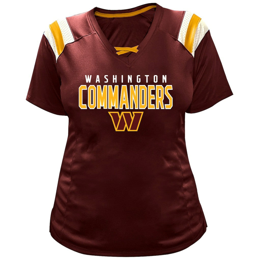 Jayden Daniels Washington Commanders Women's Plus Size Name & Number Raglan Lace V-Neck T-Shirt Burgundy - Fanatics