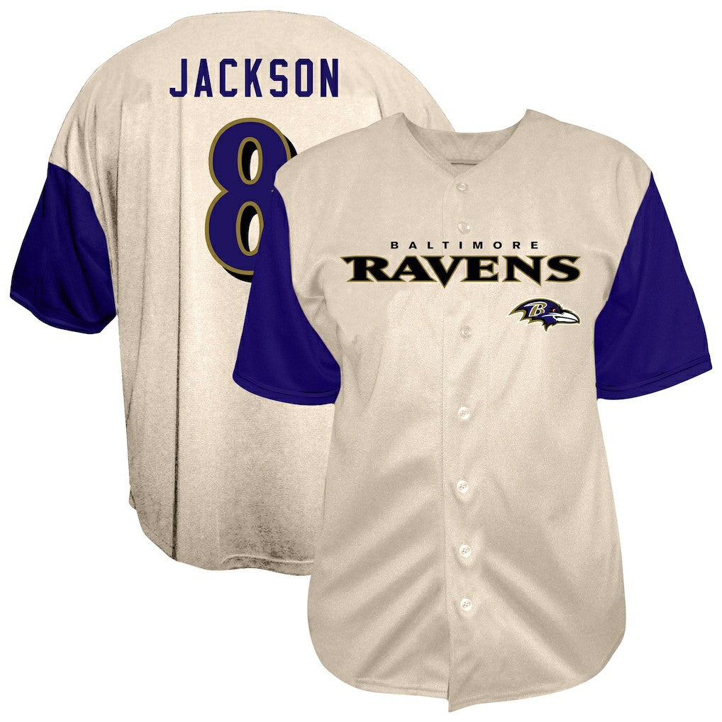 Lamar Jackson Baltimore Ravens Big & Tall Baseball Button-Up Shirt Cream - Fanatics