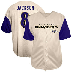 Lamar Jackson Baltimore Ravens Big & Tall Baseball Button-Up Shirt Cream - Fanatics