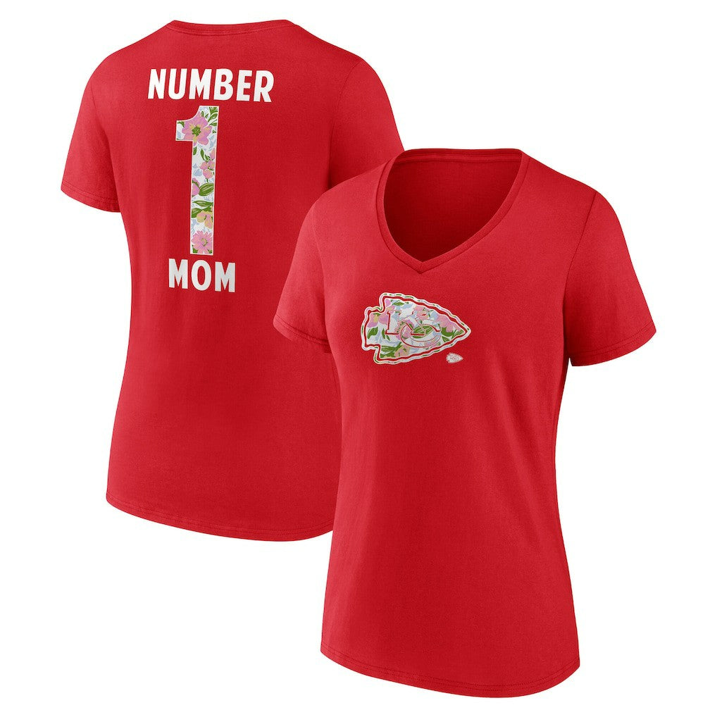 Kansas City Chiefs Women's Number 1 Mom Floral V-Neck T-Shirt Red - NFL