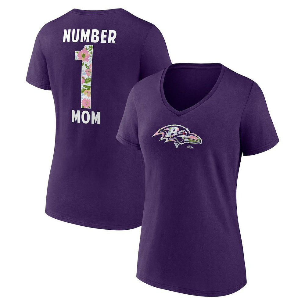 Baltimore Ravens Women's Number 1 Mom Floral V-Neck T-Shirt Purple - NFL