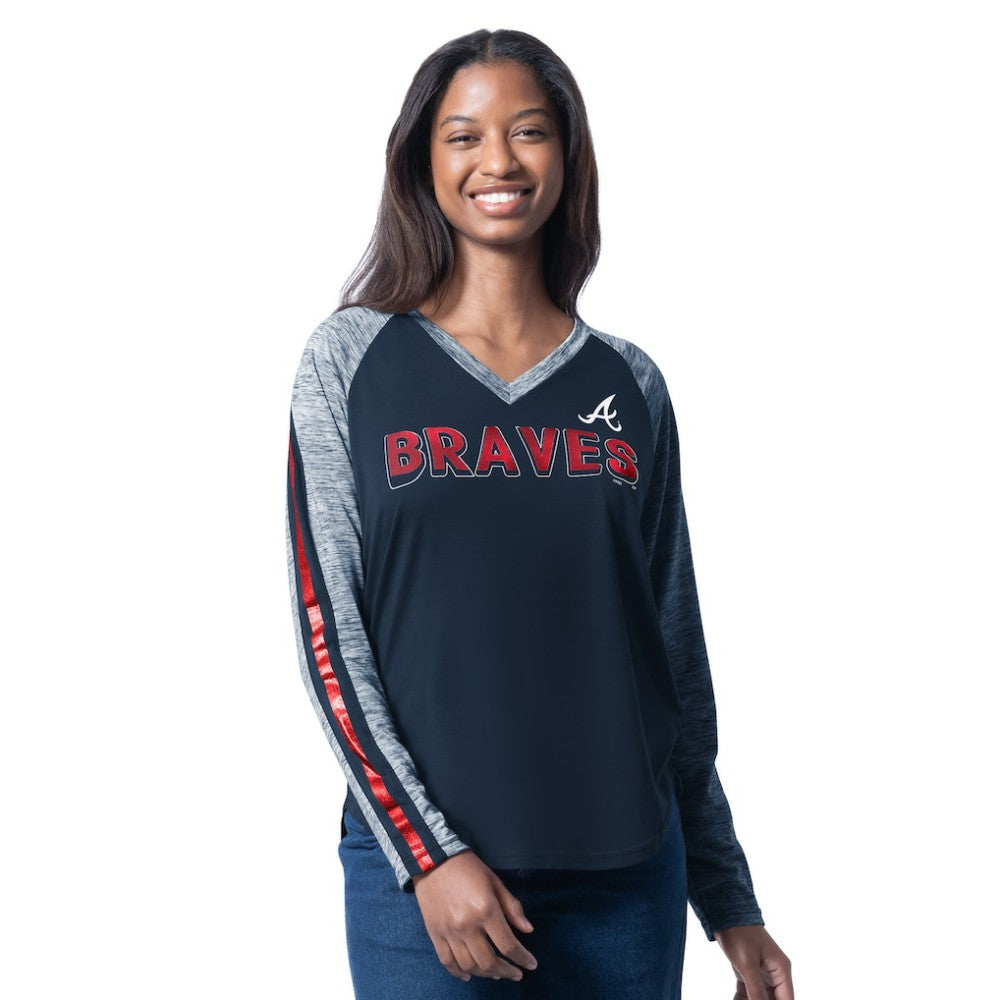 Atlanta Braves G-III 4Her by Carl Banks Women's Top Dog Raglan Long Sleeve V-Neck T-Shirt discount