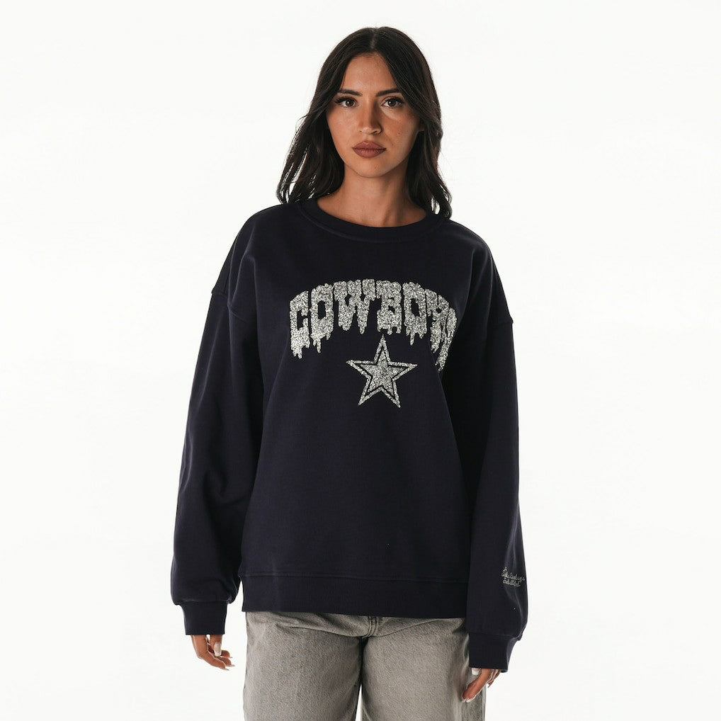 Dallas Cowboys The Wild Collective Women's Rock Crystal Oversized Crewneck Sweatshirt Navy - NFL