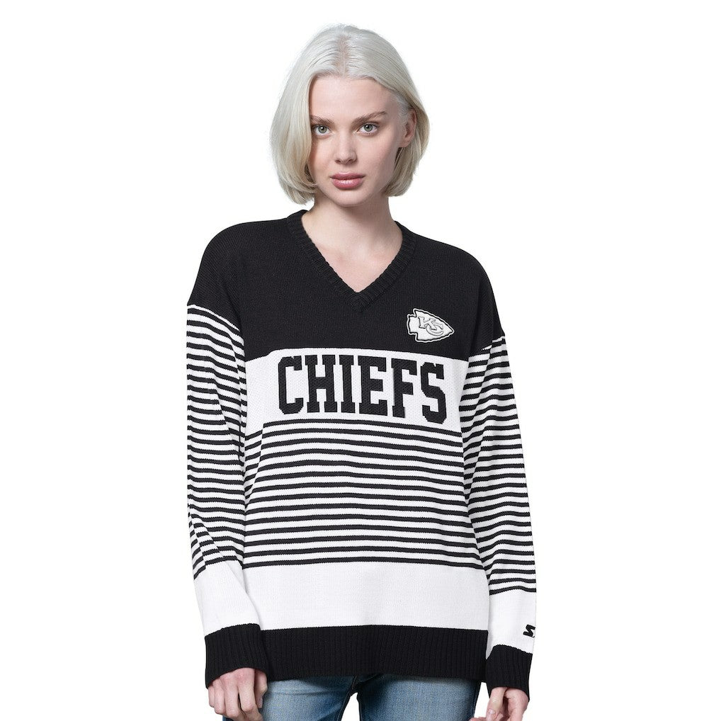 Kansas City Chiefs Starter Women's No Huddle Striped V-Neck Sweater Black - NFL