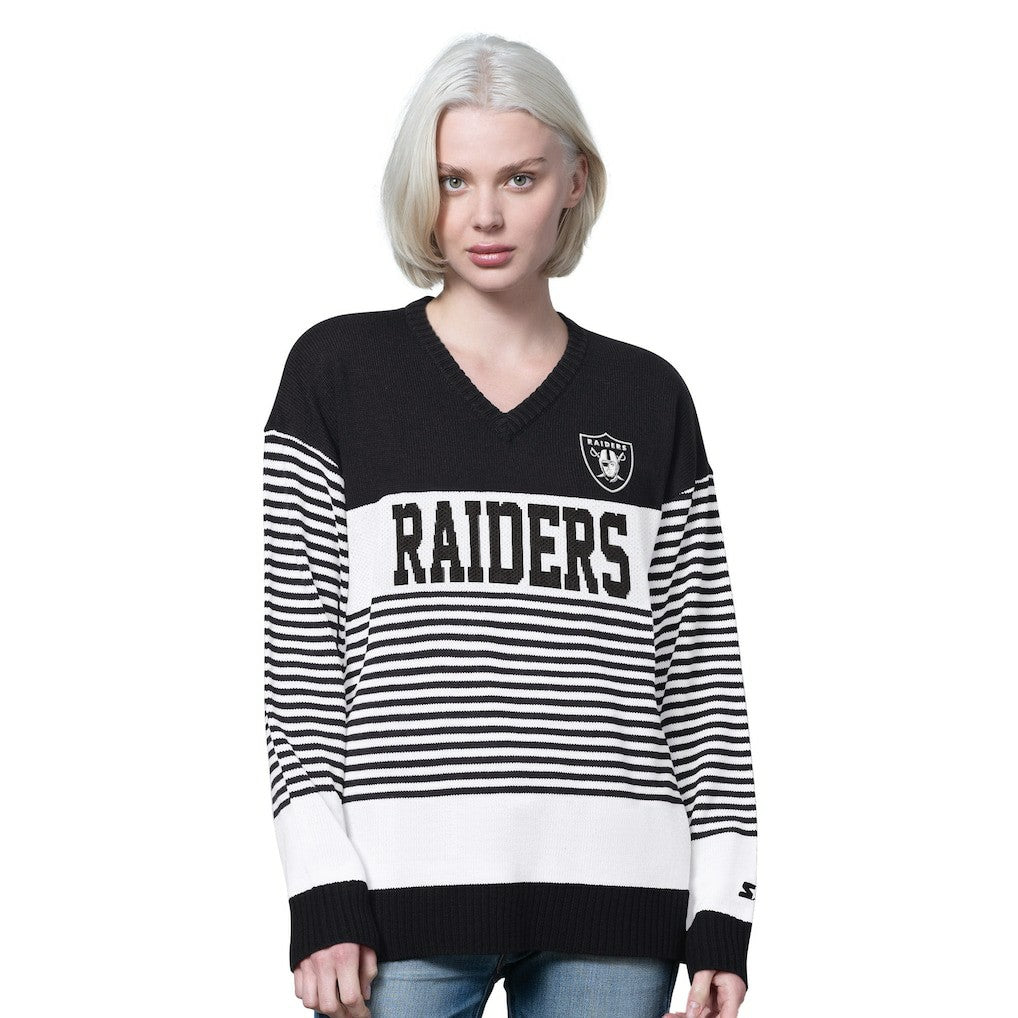 Las Vegas Raiders Starter Women's No Huddle Striped V-Neck Sweater Black - NFL