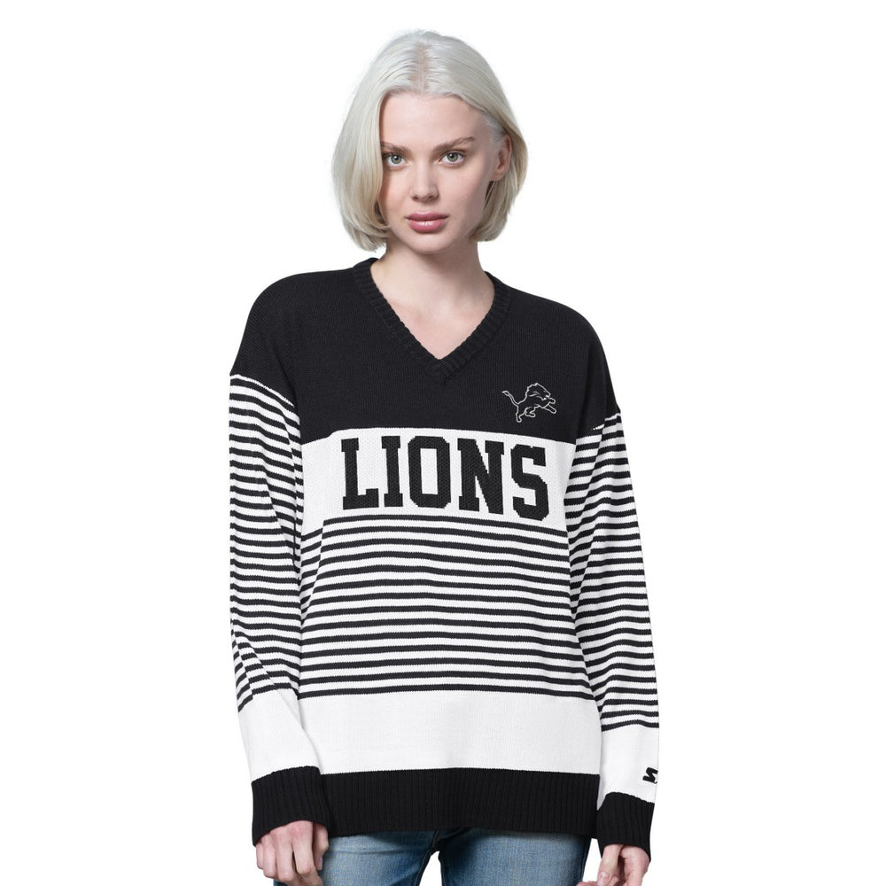 Detroit Lions Starter Women's No Huddle Striped V-Neck Sweater Black - NFL
