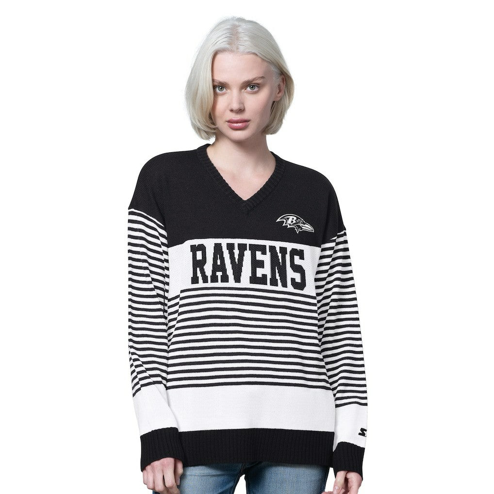 Baltimore Ravens Starter Women's No Huddle Striped V-Neck Sweater Black - NFL