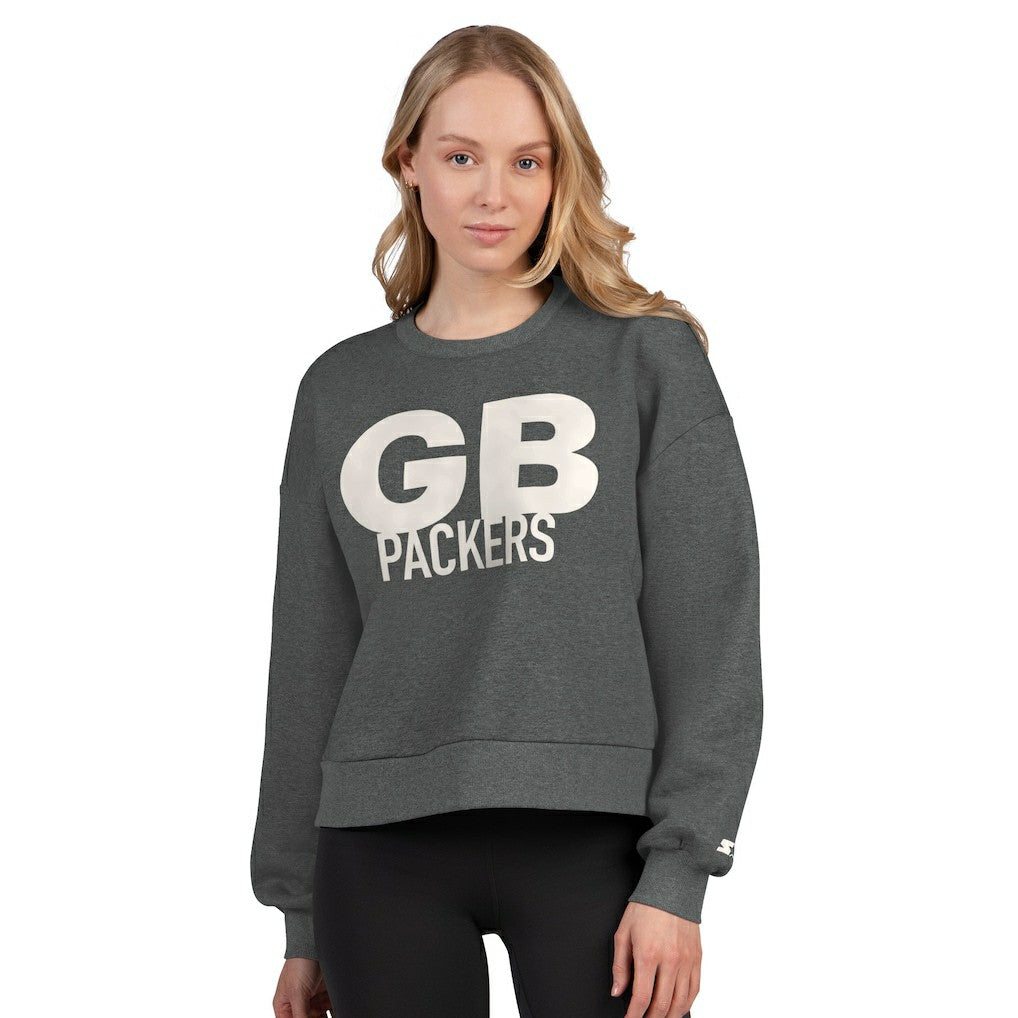 Green Bay Packers Starter Women's Show Up Cropped Fleece Pullover Sweatshirt Heather Gray - NFL