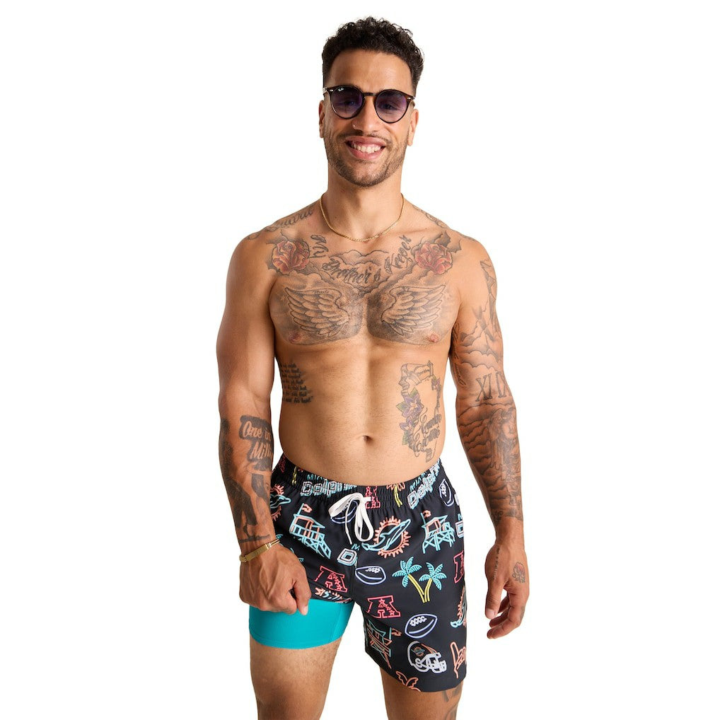Miami Dolphins Chubbies The Neon 5.5" Classic Lined Swim Trunks Black - NFL