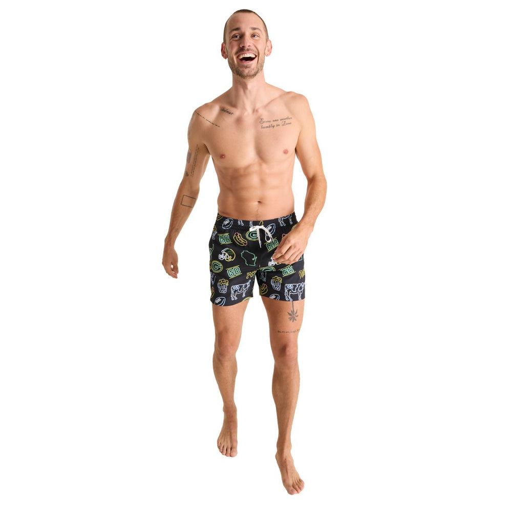 Green Bay Packers Chubbies The Neon 5.5" Classic Lined Swim Trunks Black - NFL