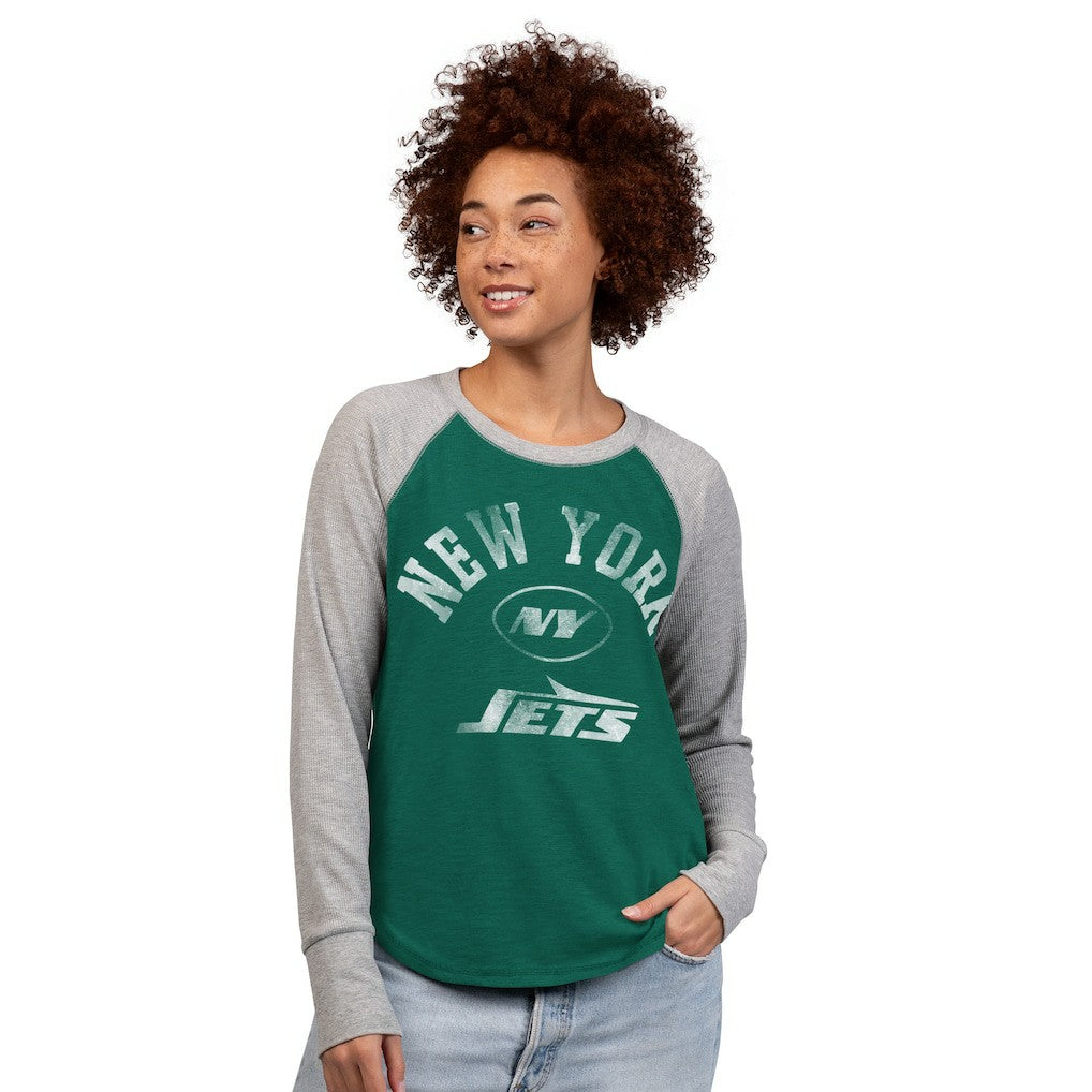 New York Jets G-III 4Her by Carl Banks Women's Waffle Knit Raglan Long-Sleeve T-Shirt Green/Heather Gray - NFL