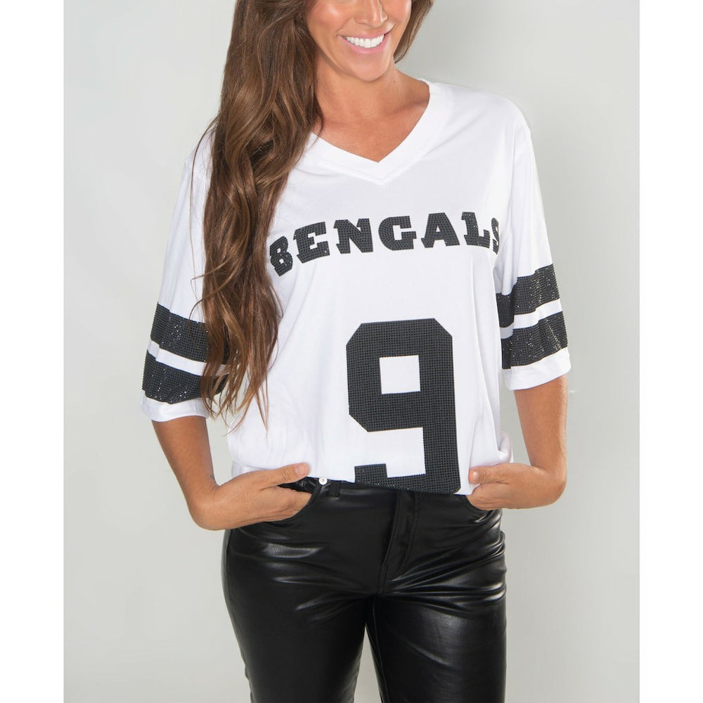 Joe Burrow Cincinnati Bengals Cuce Women's Crystal V-Neck Tunic White - NFL