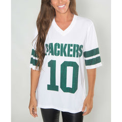 Jordan Love Green Bay Packers Cuce Women's Crystal V-Neck Tunic White - NFL