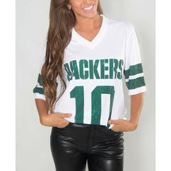 Jordan Love Green Bay Packers Cuce Women's Crystal V-Neck Tunic White - NFL