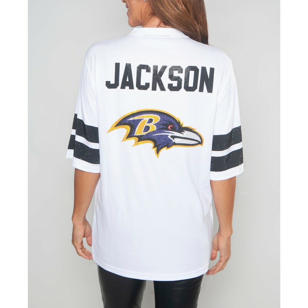 Lamar Jackson Baltimore Ravens Cuce Women's Crystal V-Neck Tunic White - NFL