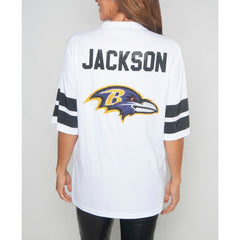 Lamar Jackson Baltimore Ravens Cuce Women's Crystal V-Neck Tunic White - NFL