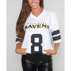 Lamar Jackson Baltimore Ravens Cuce Women's Crystal V-Neck Tunic White - NFL