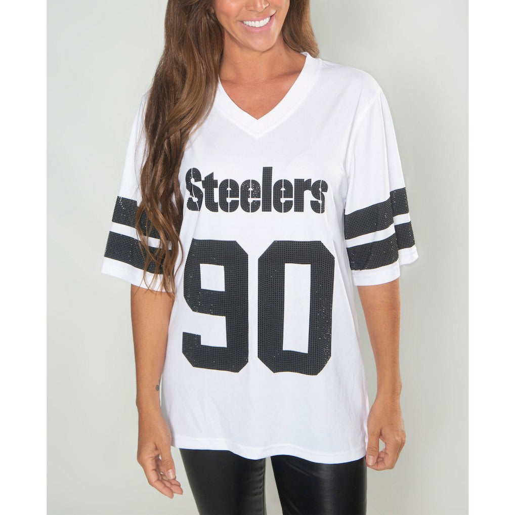 T.J. Watt Pittsburgh Steelers Cuce Women's Crystal V-Neck Tunic White - NFL