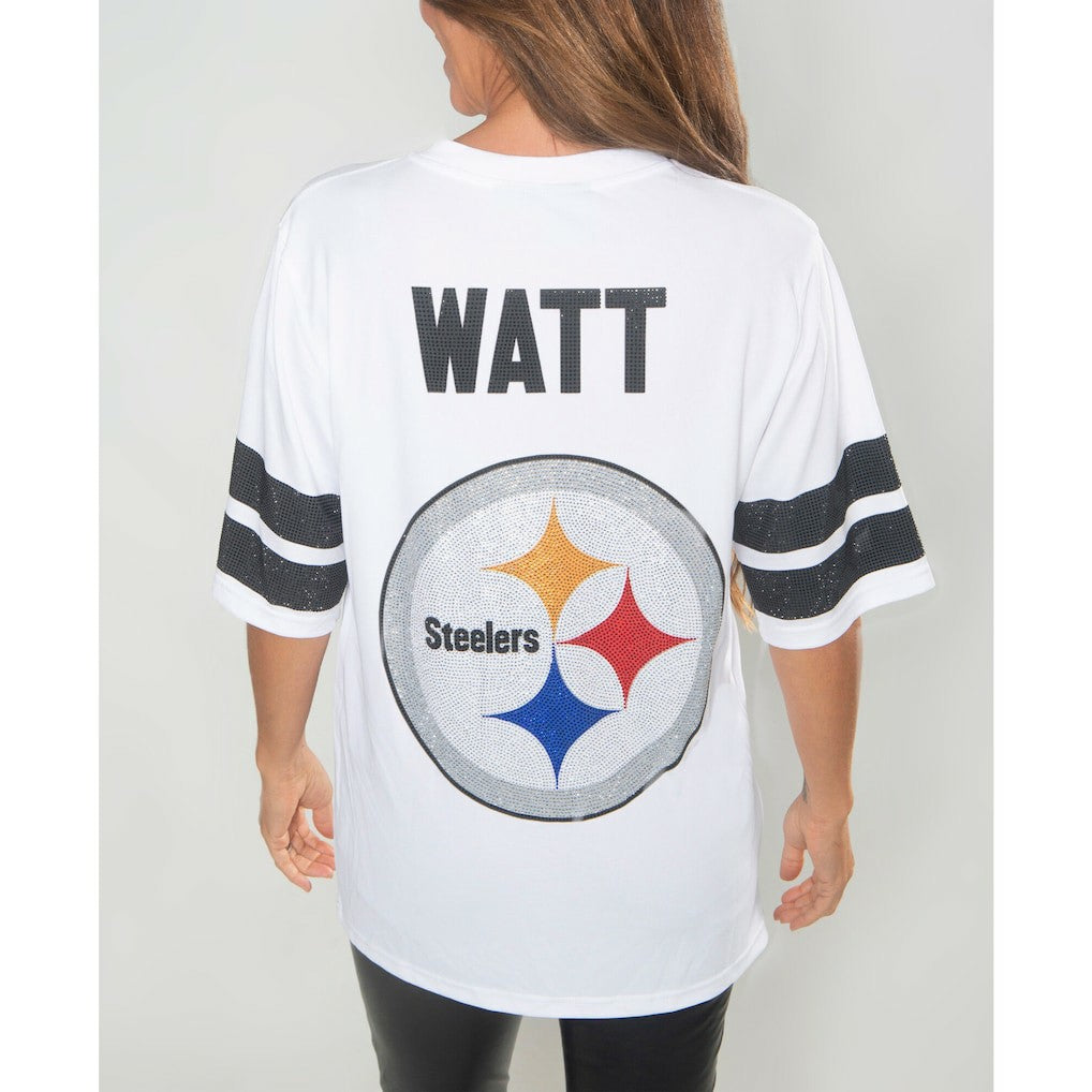 T.J. Watt Pittsburgh Steelers Cuce Women's Crystal V-Neck Tunic White - NFL