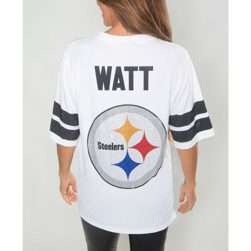 T.J. Watt Pittsburgh Steelers Cuce Women's Crystal V-Neck Tunic White - NFL