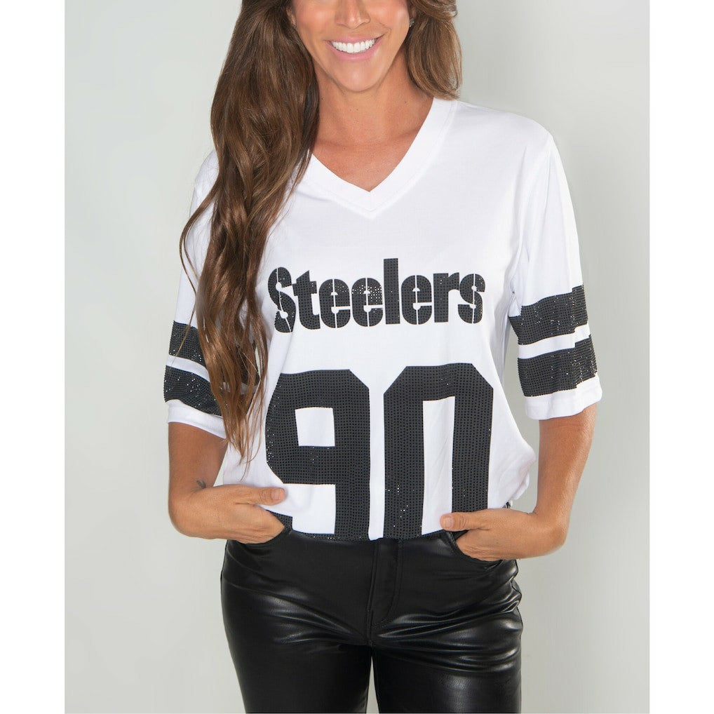 T.J. Watt Pittsburgh Steelers Cuce Women's Crystal V-Neck Tunic White - NFL