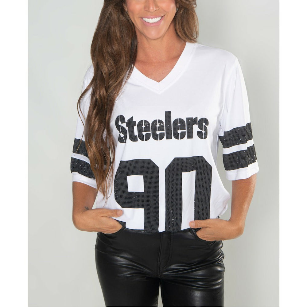 T.J. Watt Pittsburgh Steelers Cuce Women's Crystal V-Neck Tunic White - NFL