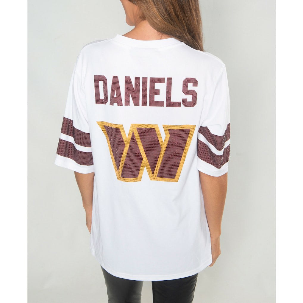 Jayden Daniels Washington Commanders Cuce Women's Crystal V-Neck Tunic White - NFL