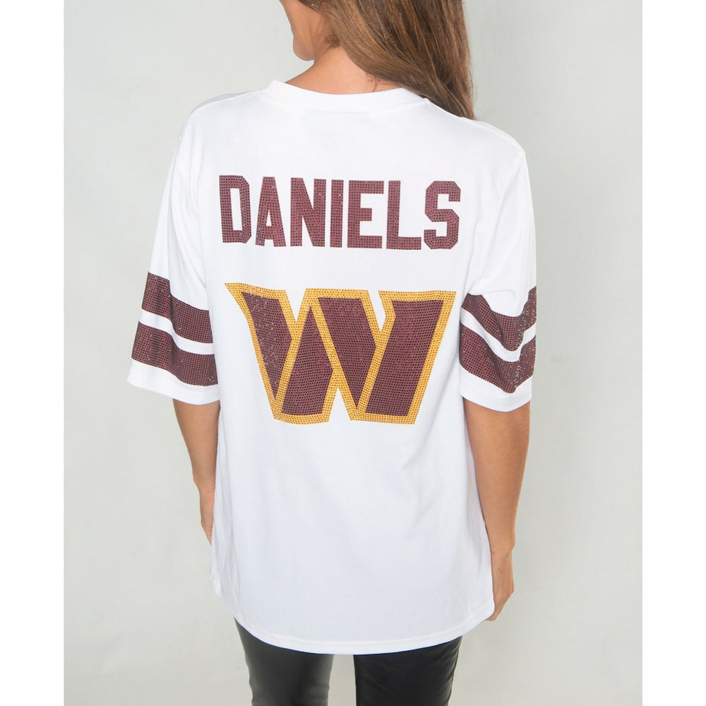 Jayden Daniels Washington Commanders Cuce Women's Crystal V-Neck Tunic White - NFL