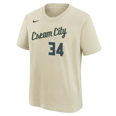 Nike - Giannis Antetokounmpo Milwaukee Bucks Youth 2025/26 City Edition Name & Number T-Shirt - Cream