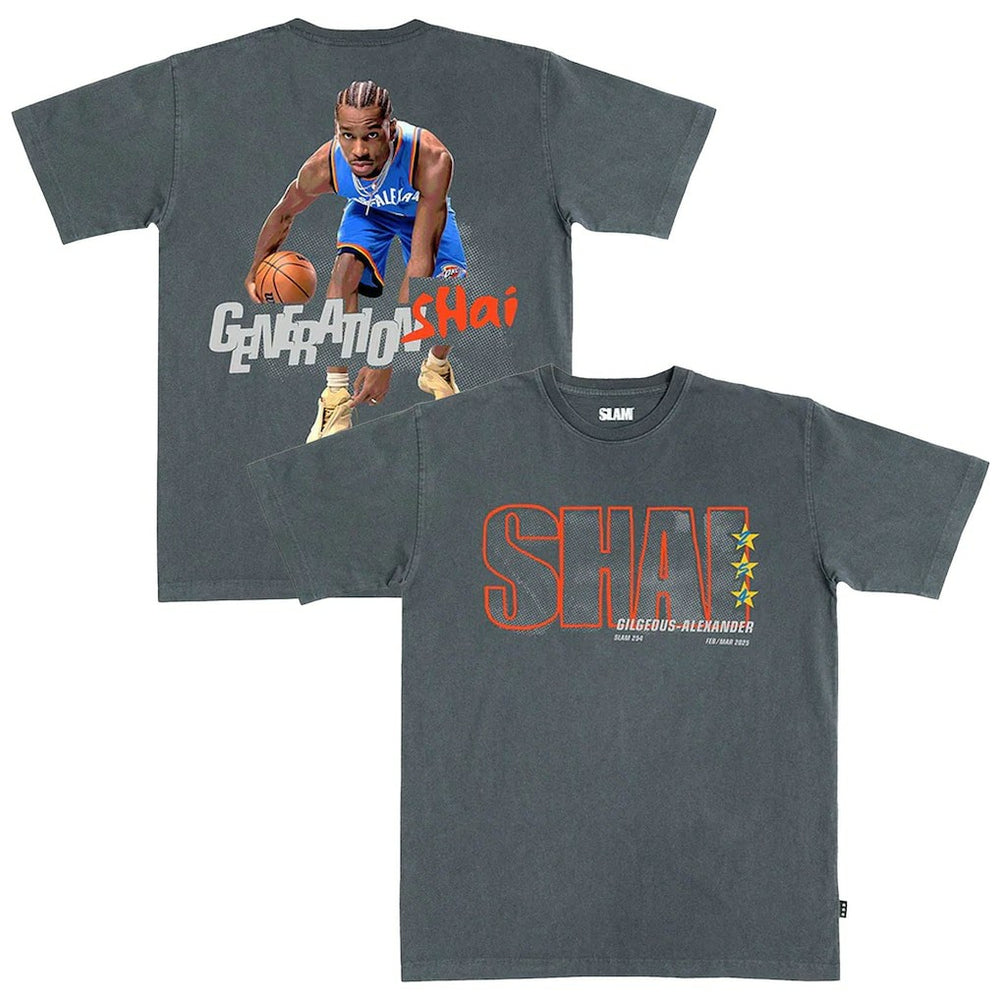 NBA - Shai Gilgeous-Alexander Oklahoma City Thunder SLAM Unisex February/March 2025 Cover Graphic Remix T-Shirt - Charcoal